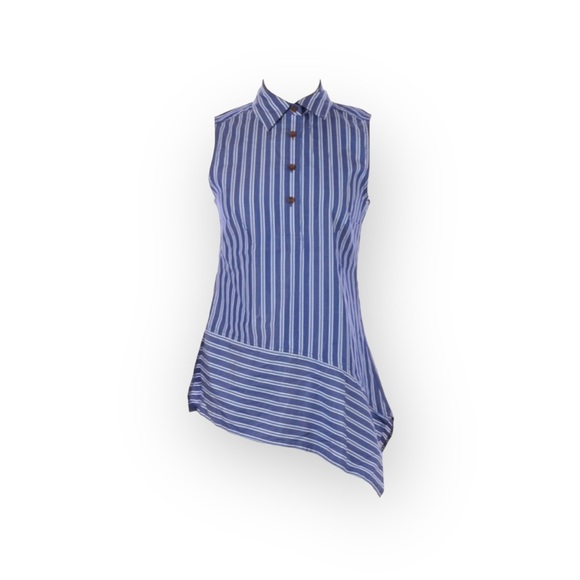 new Derek Lam 10 Crosby ᯾ Asymmetrical Hem Sleeveless Striped Top ᯾ Navy White - Picture 6 of 16